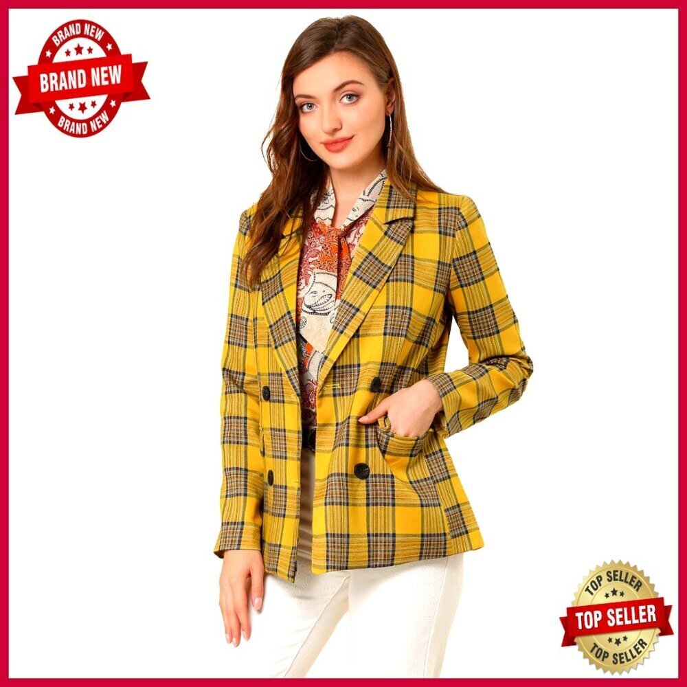 Double Breasted Plaid Blazer Notched Lapel Work Formal Jacket